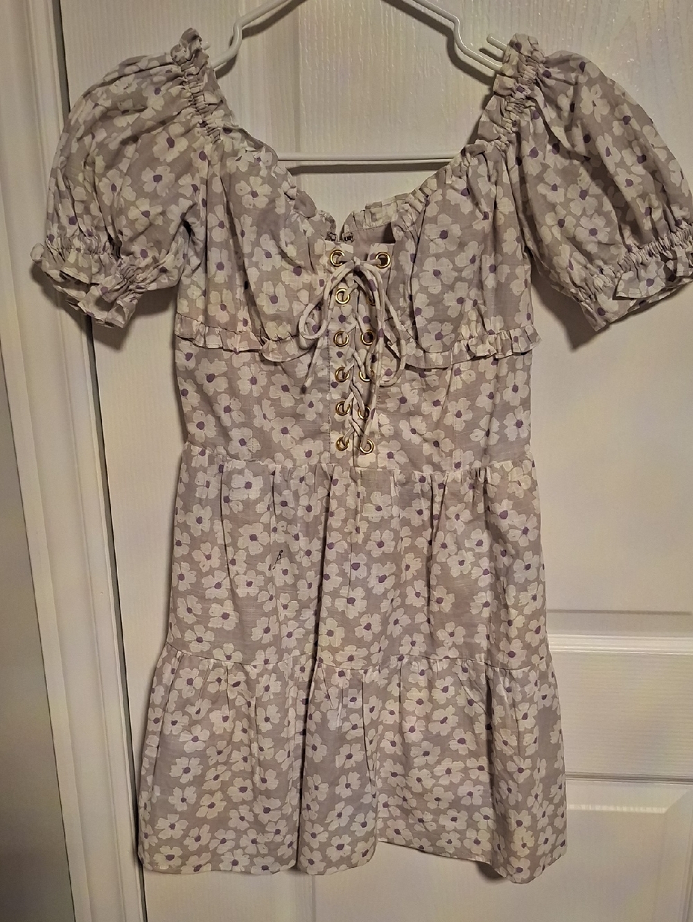 Sabo Skirt Lavender Floral Lace-Up‎ Puff Sleeve Mini Dress
